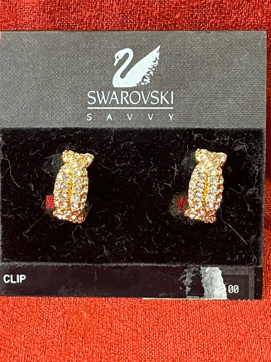 Vintage Swarovski Savvy Gold Tone and Crystal Clip On Earrings-New