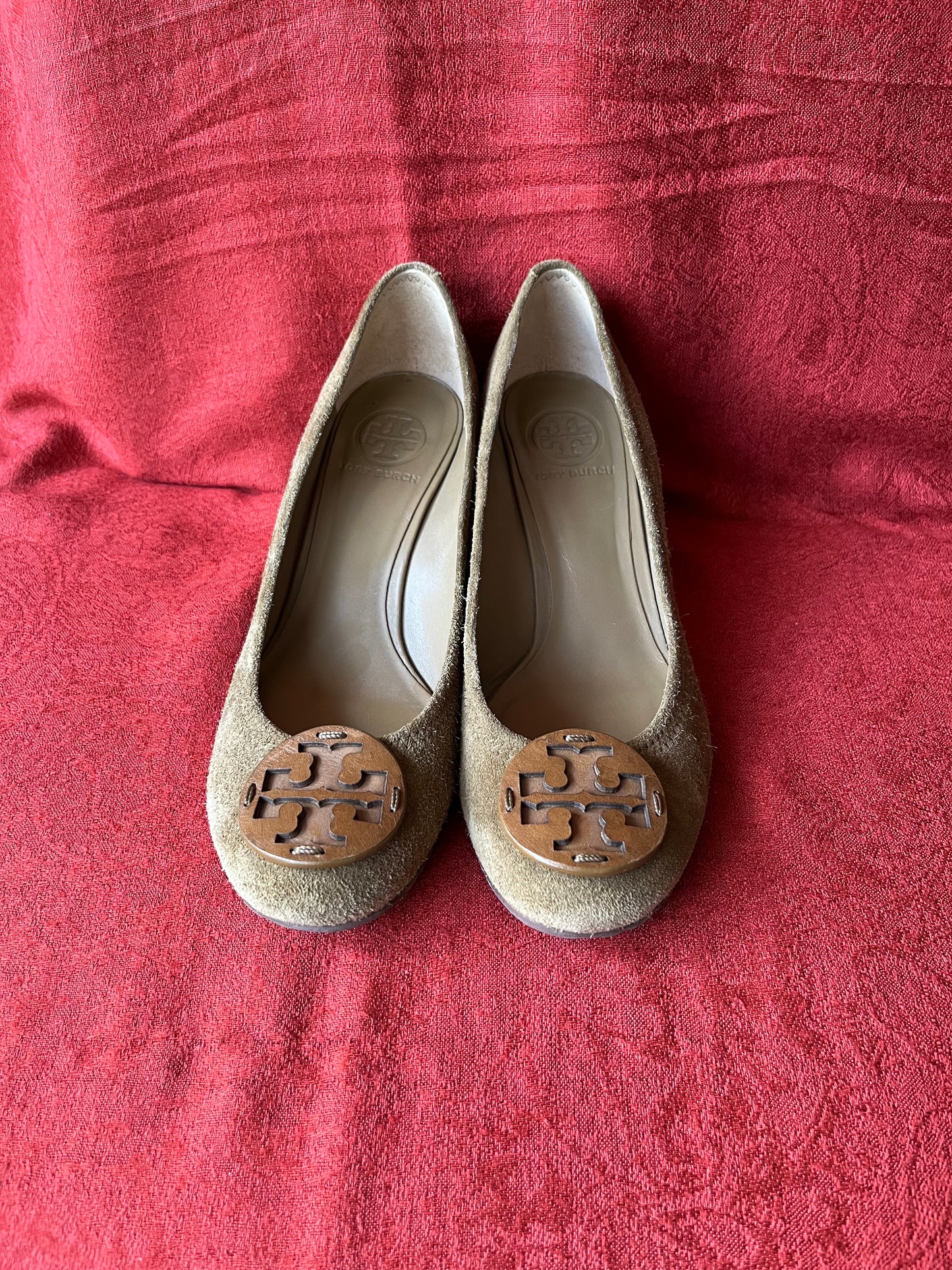 Tory Burch Suede Wedge Heel with Wooden Logo-Size 8M