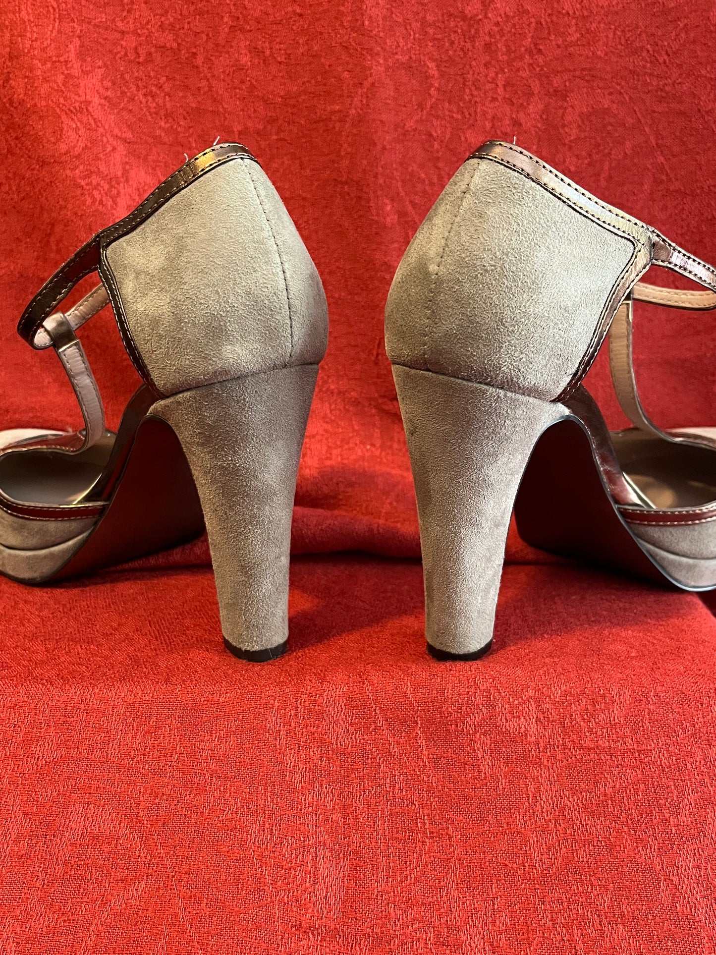 Tahari Beige Suede Mary Jane Style Platform Pumps with Copper Leather Trim