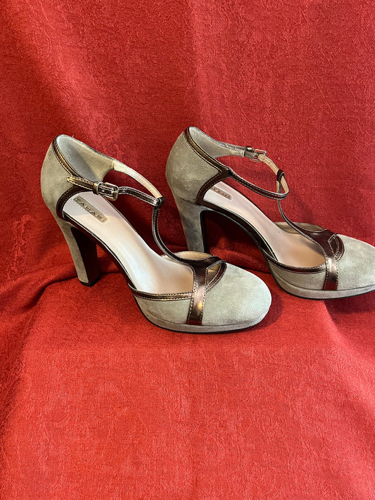 Tahari Beige Suede Mary Jane Style Platform Pumps with Copper Leather Trim