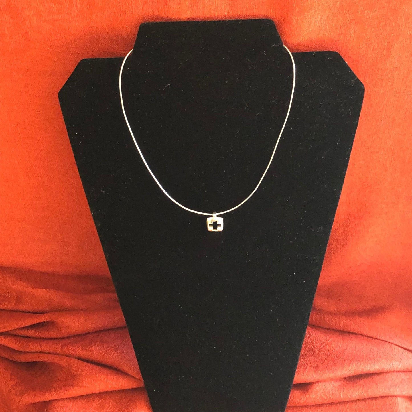 Tiffany & Co. Sterling Silver Stencil Square Cross Pendant Omega Wire Chain Necklace "