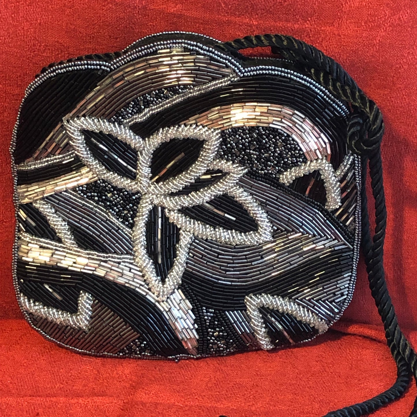 Vintage 90s Black and Silver Beaded Evening Bag