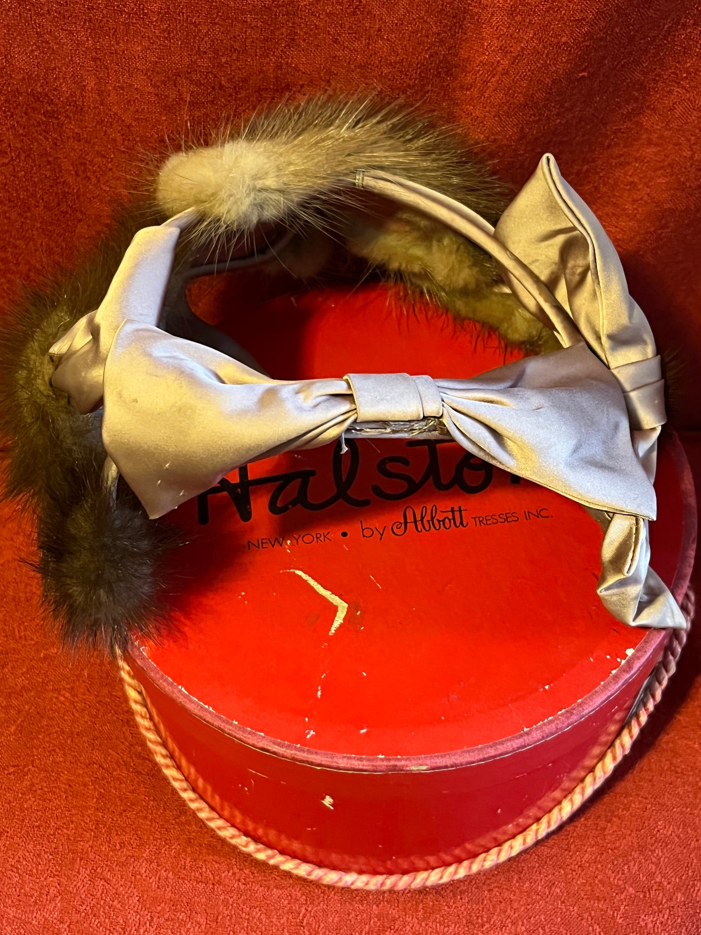Vintage Halston Wig/Hat Box with Genuine Mink and Satin Head Piece