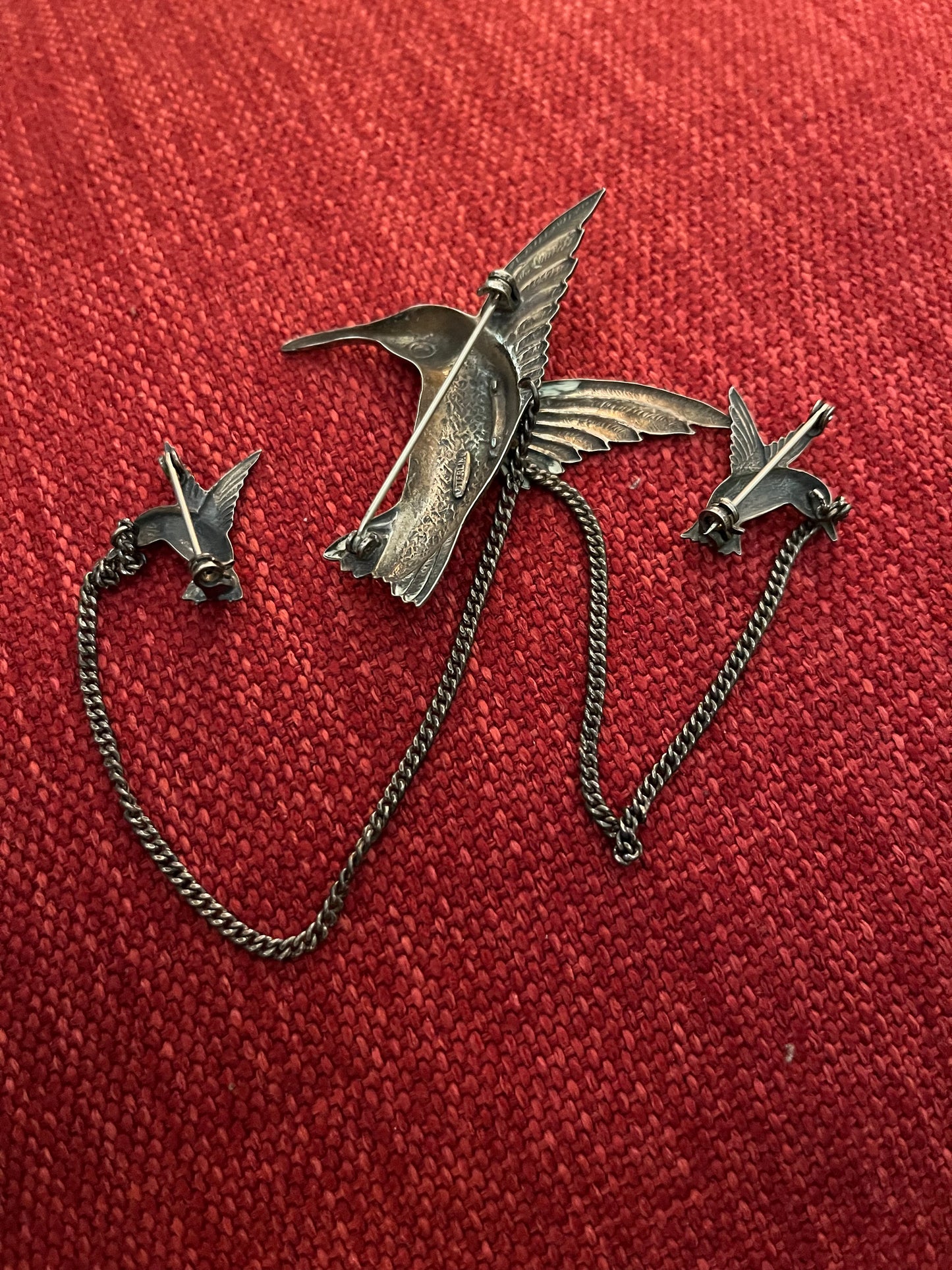 Vintage Sterling Silver Hummingbird Chatelaine Brooch with Connecting Chain and Small Hummingbird Pins