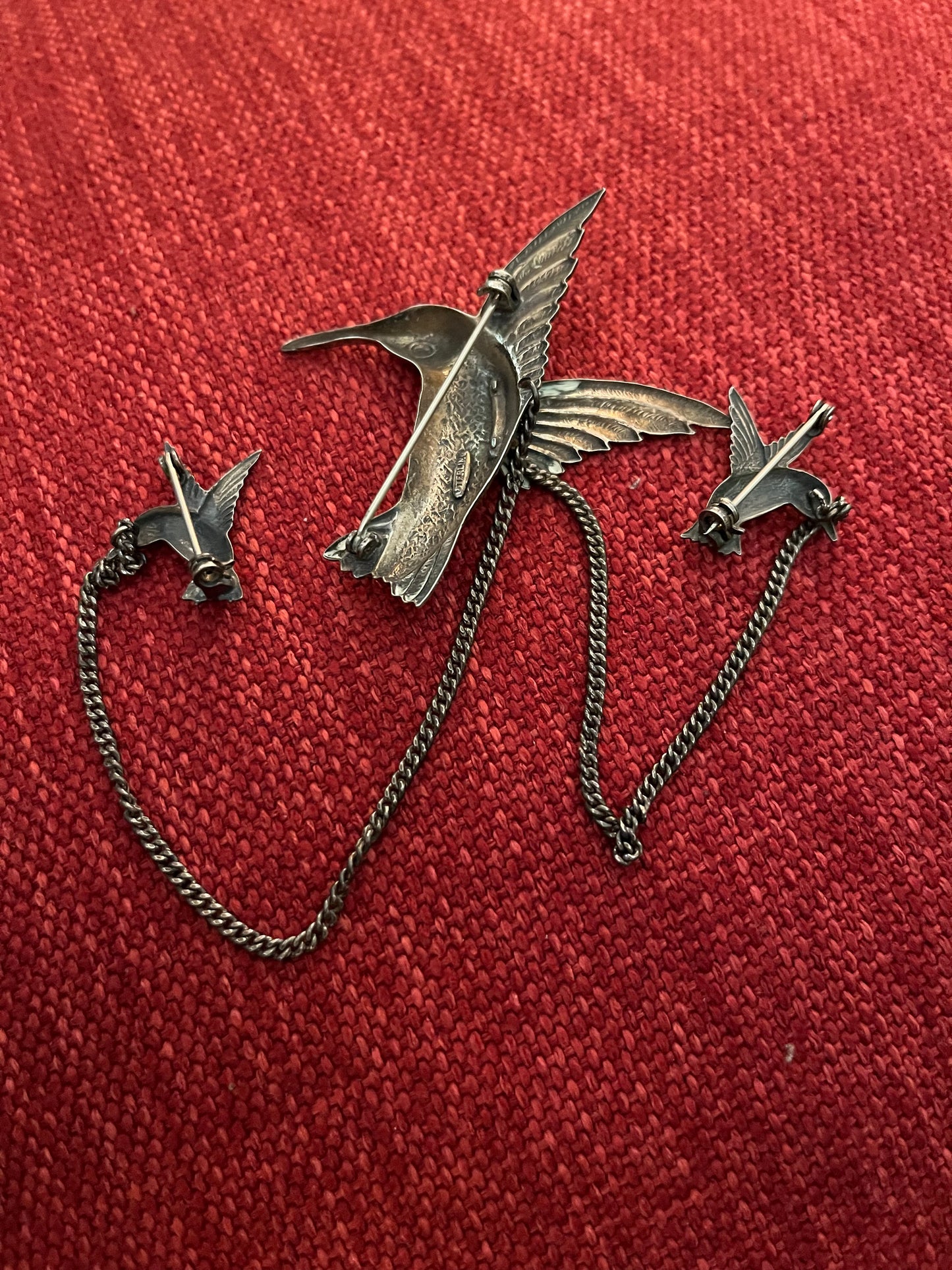 VTG - Sterling Hummingbird Chatelaine Brooch Connecting Smaller Bird Pins