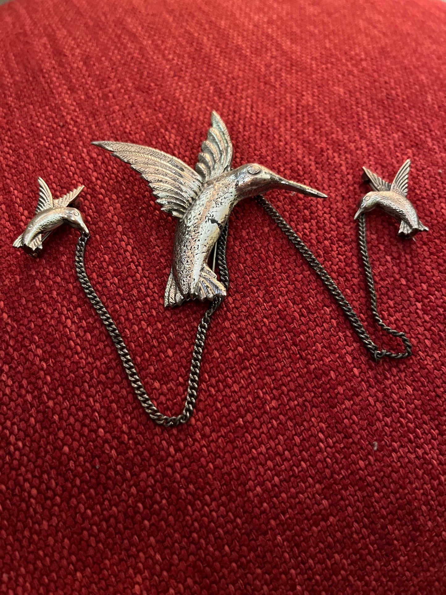 VTG - Sterling Hummingbird Chatelaine Brooch Connecting Smaller Bird Pins