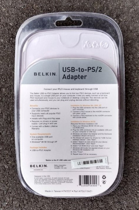 Belkin USB to PS/2 Adapter- New