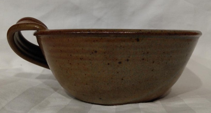 Signed Handmade Brown Ceramic Bowl With Handle- Artist Unknown