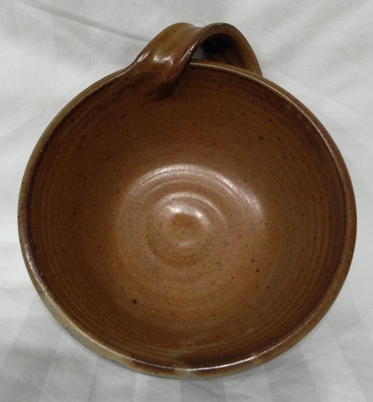 Signed Handmade Brown Ceramic Bowl With Handle- Artist Unknown