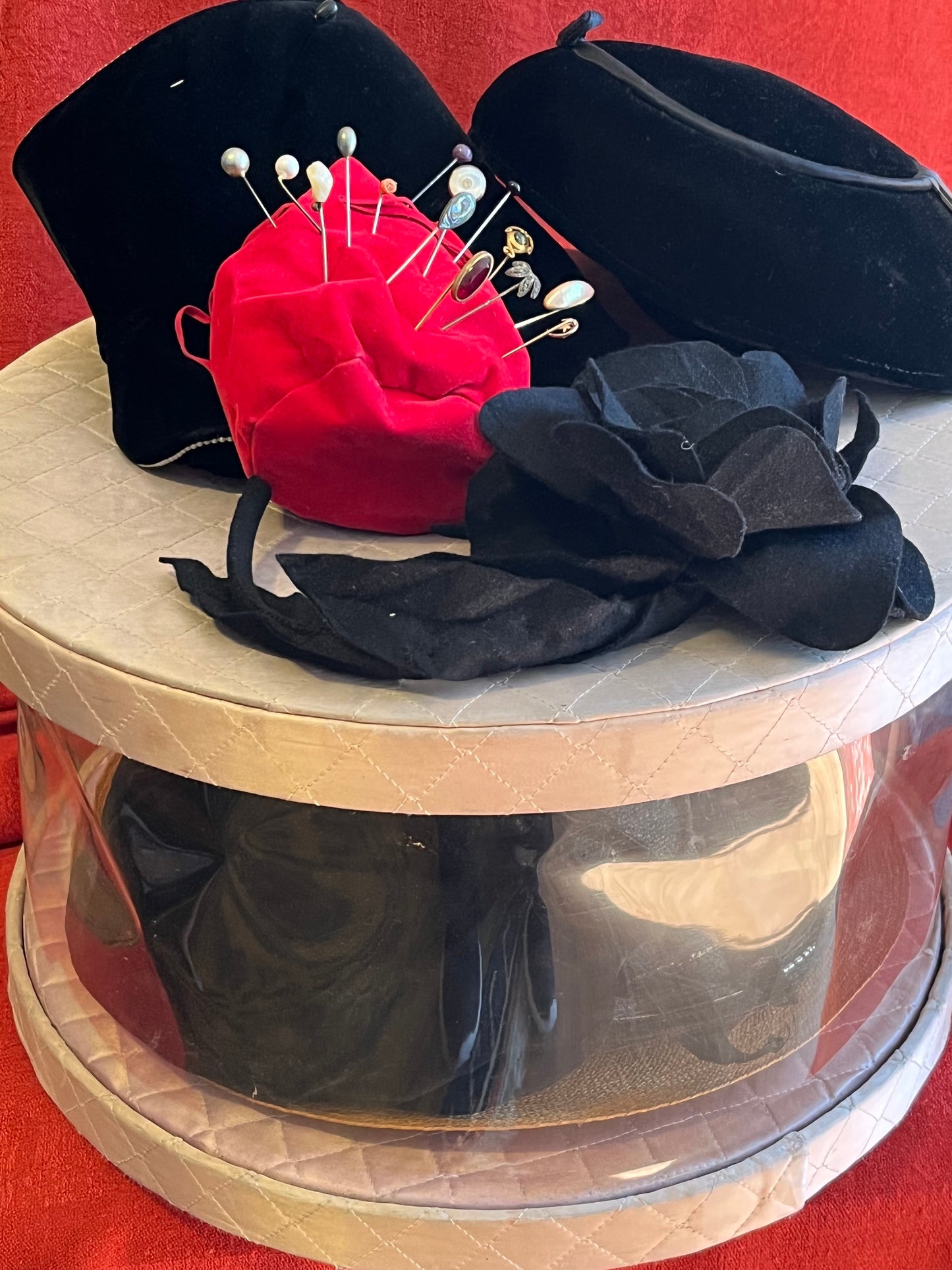 Vintage Hat Box with Hats and Pins