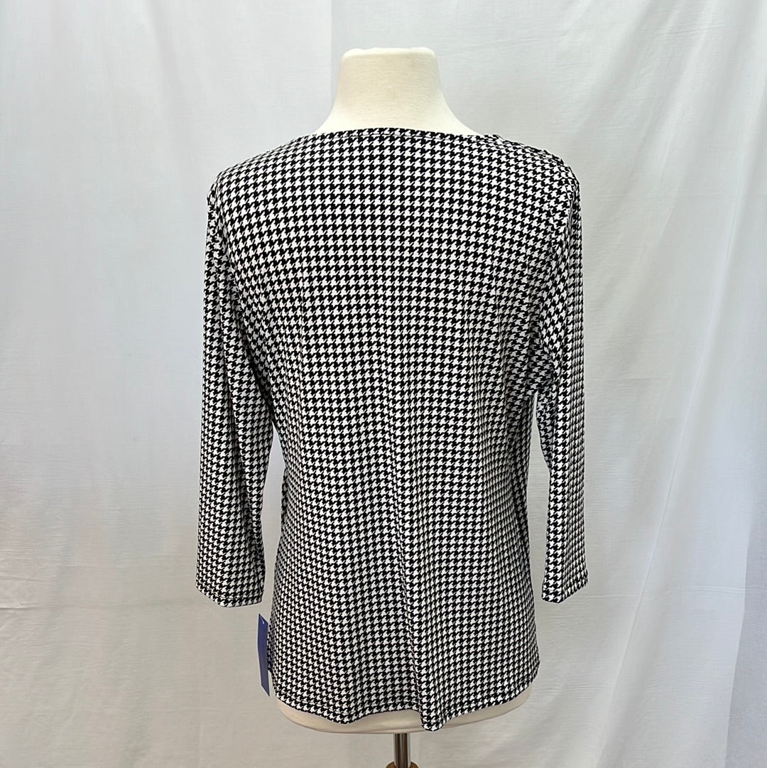 NWT -- Peter Nygard Houndstooth Faux Wrap Plunging Neckline 3/4 Sleeve Top -- Size L