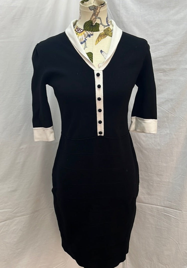 Anne Klein Black White Stretch Dress with Shawl Collar -- S