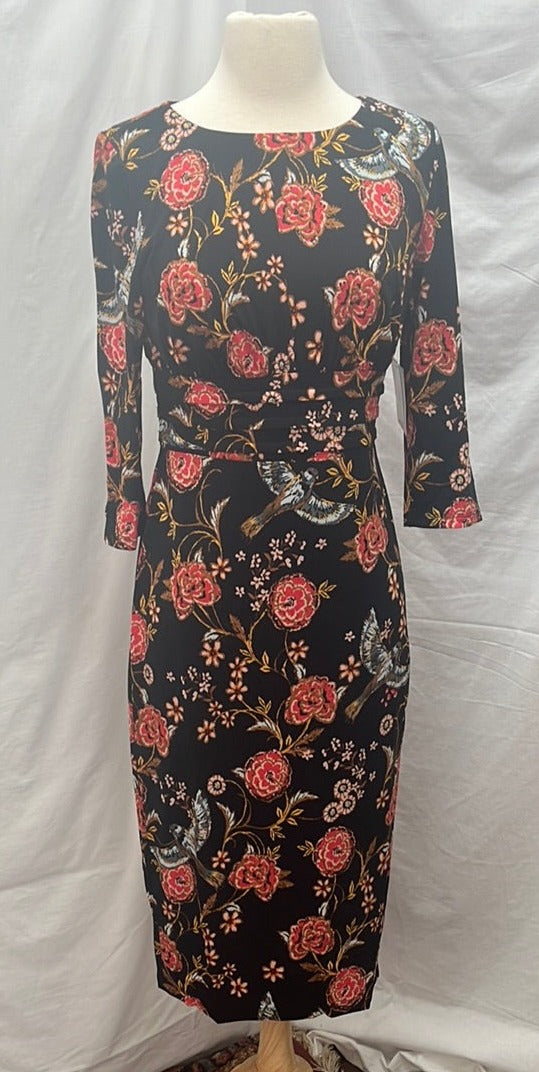 NWT -- Melrose Black and Red Floral Print 3/4 Sleeve Midi Dress -- 6