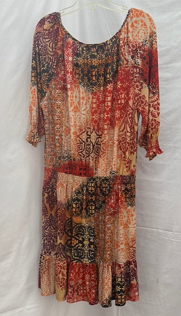 Mlle Gabrielle Elastic Waist Midi Dress with Layered Geometric Prints in Fall Colors -- Size 2x