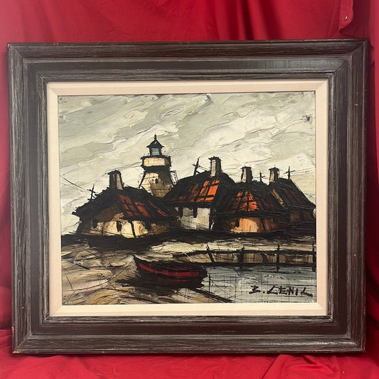 Signed and Framed -- Original Oil Painting, Lighthouse Village -- B. Lenil