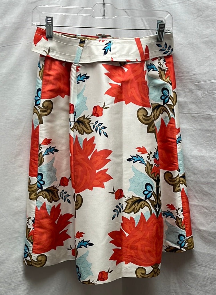 Talbots Blue White Orange Floral SILK Belted Skirt -- 4