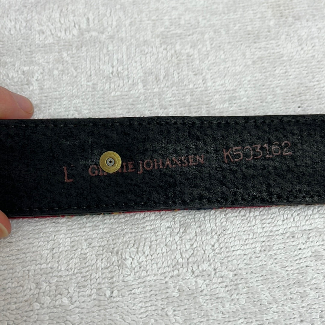 VTG -- Ginne Johanson Women's Leather Belt with Fabric Band Front, Mismatched Metal Studs and Engraved Buckle -- Size L
