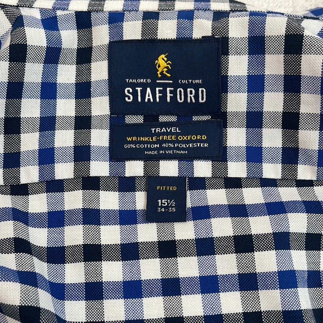 NWOT -- Stafford Fitted Wrinkle Free Blue Checked Oxford Shirt -- 15.5 34-35