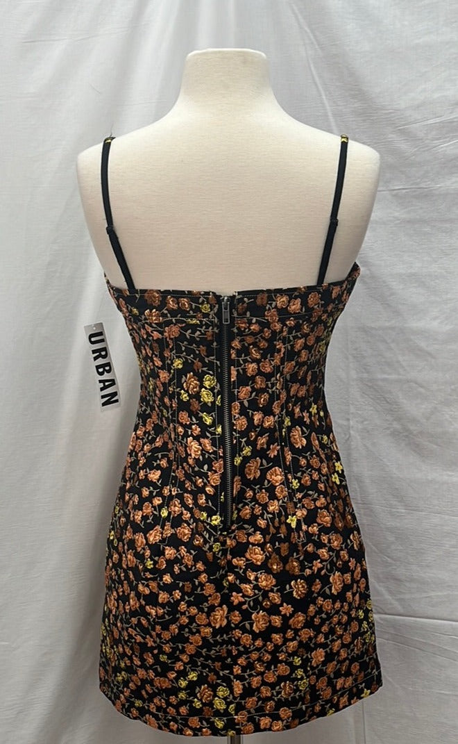 NWT - URBAN OUTFITTERS black orange Floral Brocade Mini Dress - M