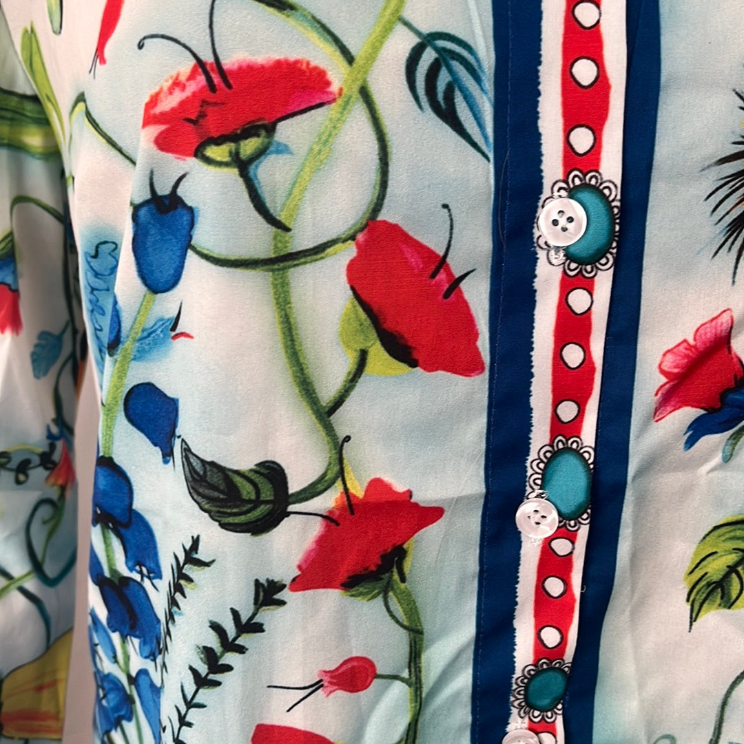 Diandian Didi Semi-Western Floral Garden Watercolor Print Long-sleeve Button Down Shirt -- Size XXL