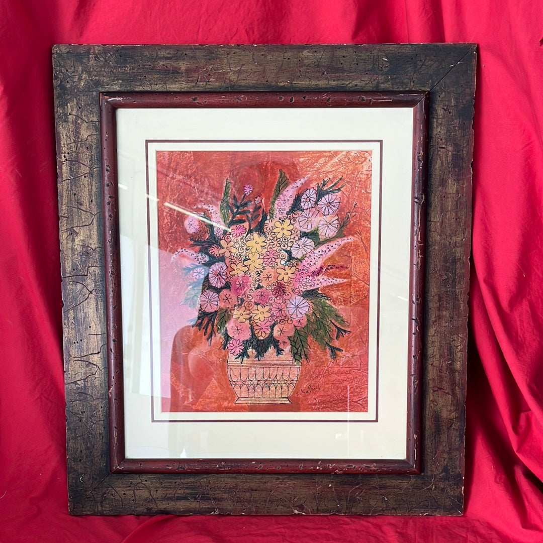 Signed and Framed Artwork  -- Original Collage/Painting by Shirley Kallus in Wormwood Frame -- "Potted Bouquet"