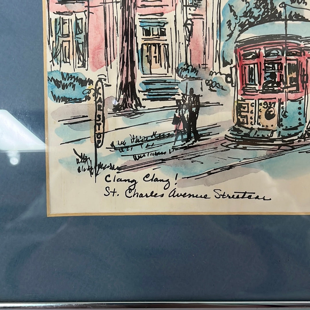 Signed and Framed -- Watercolor by Donabeth Jones -- "St. Charles Avenue Streetcar"