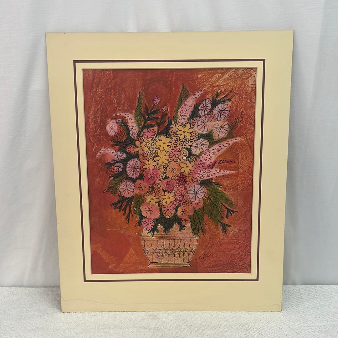 Signed and Framed Artwork  -- Original Collage/Painting by Shirley Kallus in Wormwood Frame -- "Potted Bouquet"