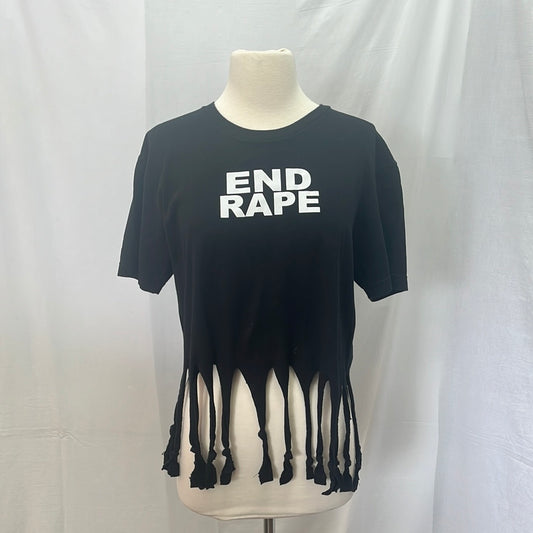 "End Rape" black white Tasseled Crop Top -- M/L