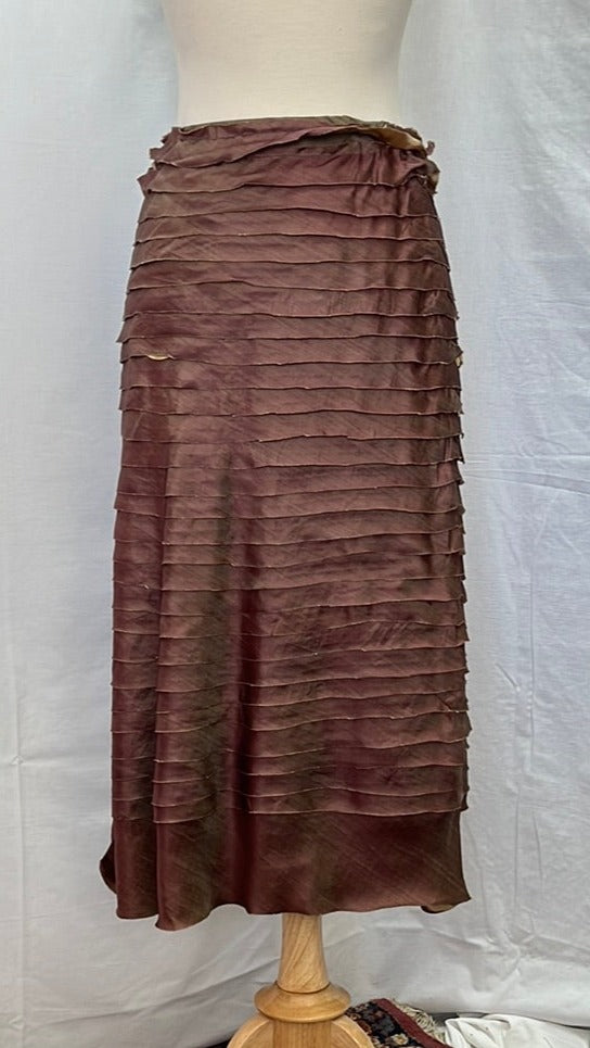 CHAN LUU brown pink gold Silk Ruffle Midi Skirt -- S