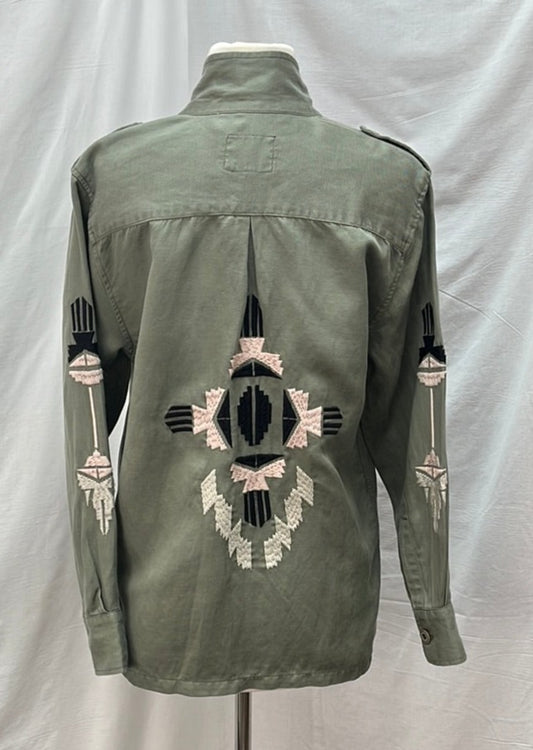 RAILS green Tencel Linen Aztec Embroidered Military Jacket -- XS