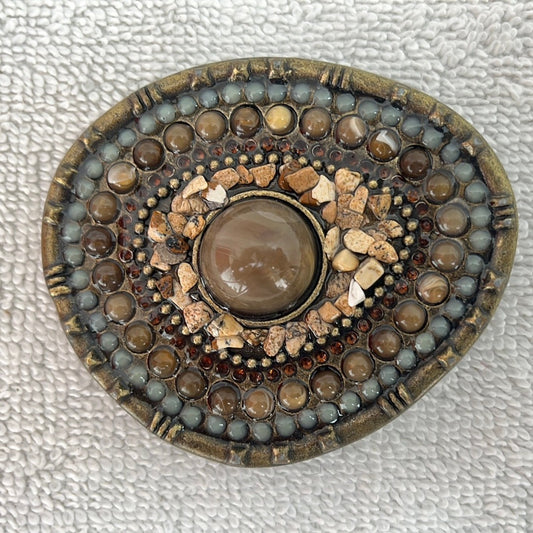 Brass Belt Buckle Inlaid with Polished Pebbles and Marbles
