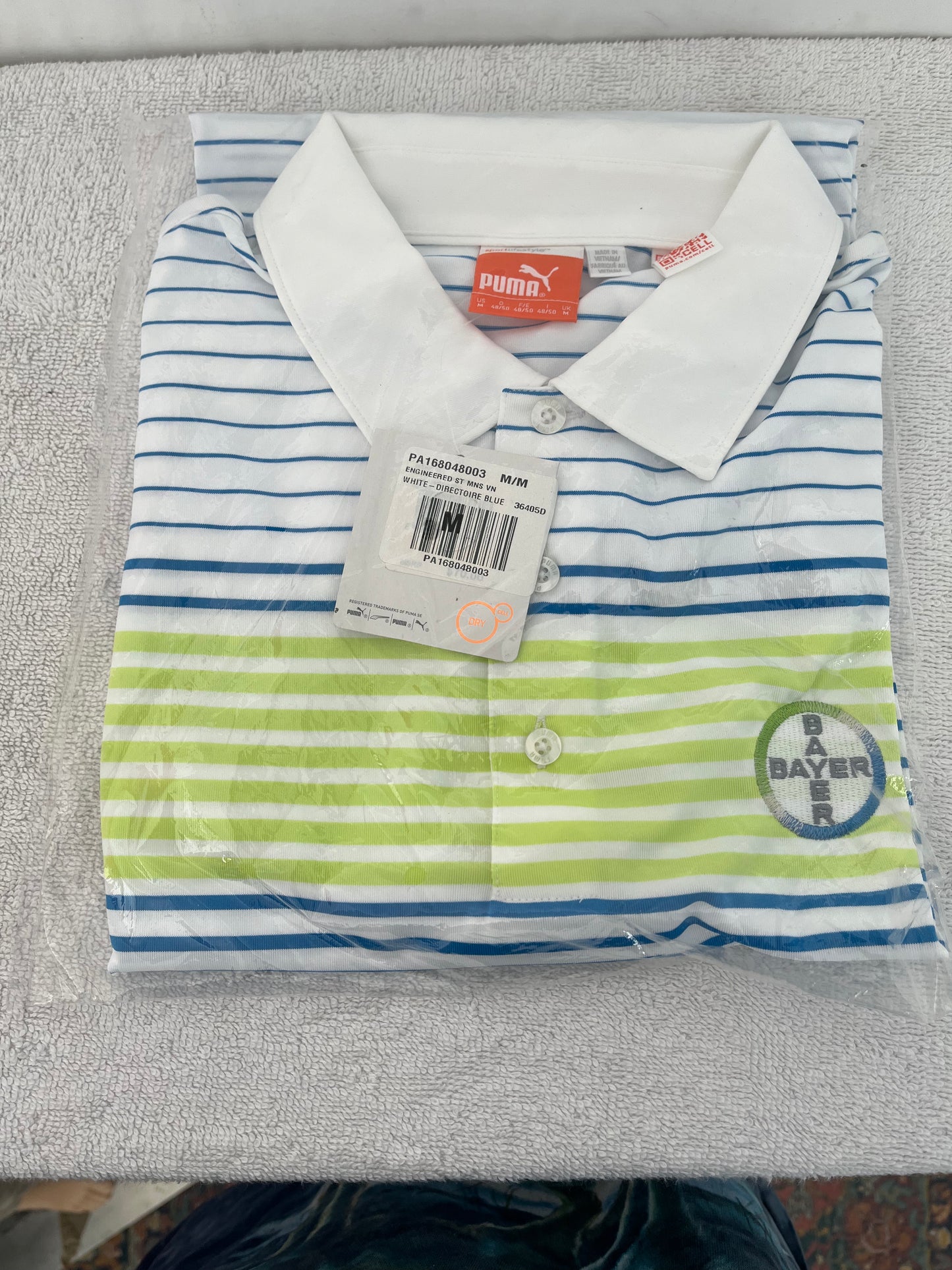 NIP -- Puma Dry Cell Moisture Wicking Green, Blue and White Striped Golf Polo -- M