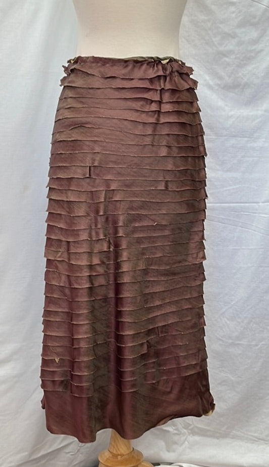 CHAN LUU brown pink gold Silk Ruffle Midi Skirt -- S