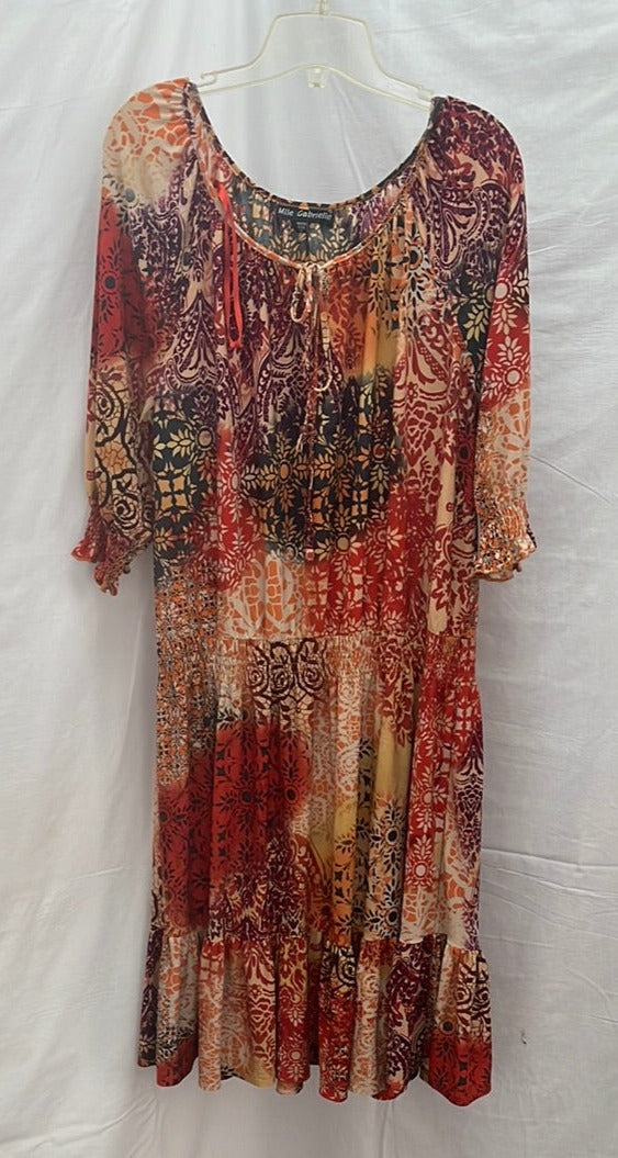 Mlle Gabrielle Elastic Waist Midi Dress with Layered Geometric Prints in Fall Colors -- Size 2x