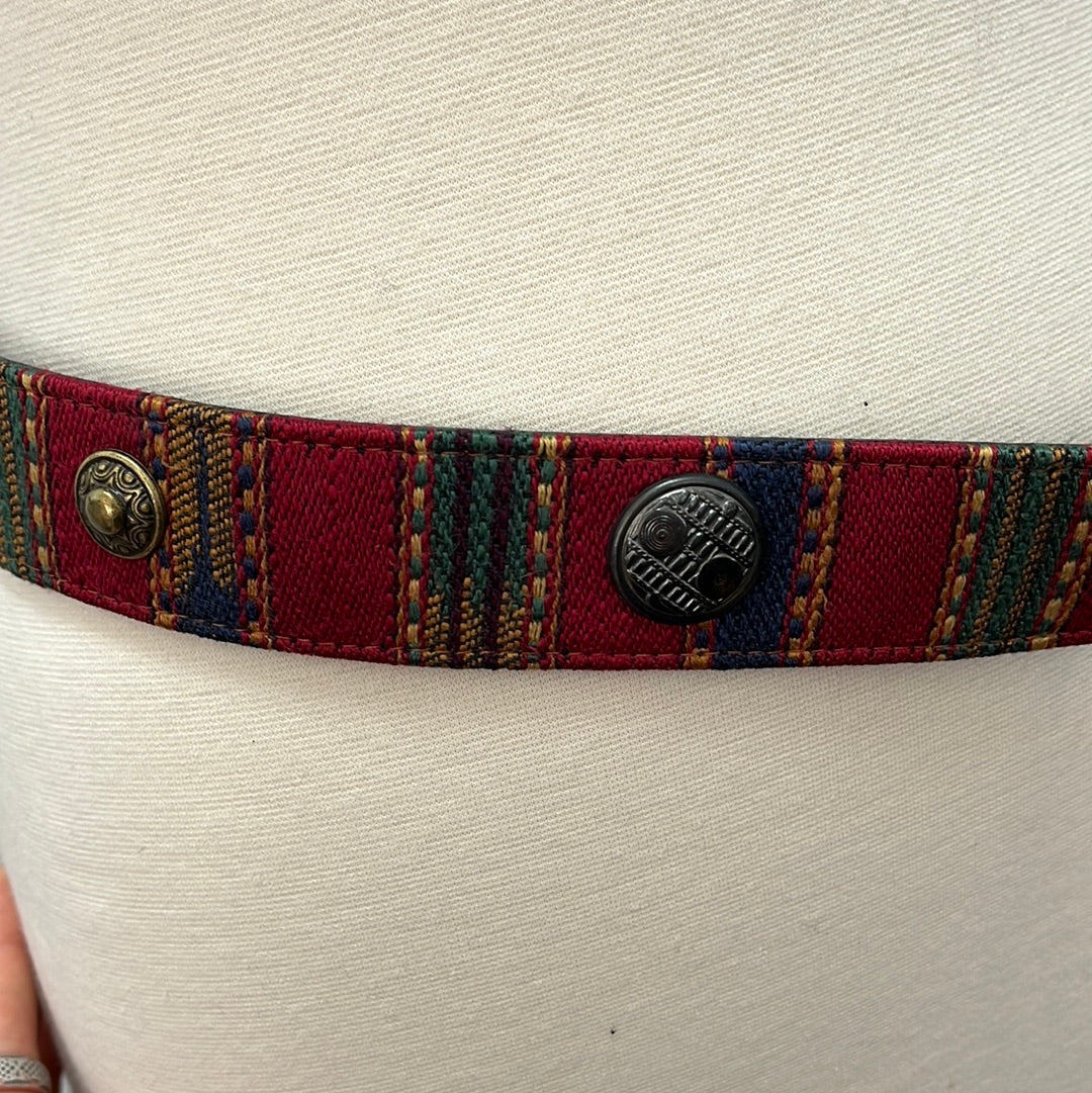 VTG -- Ginne Johanson Women's Leather Belt with Fabric Band Front, Mismatched Metal Studs and Engraved Buckle -- Size L