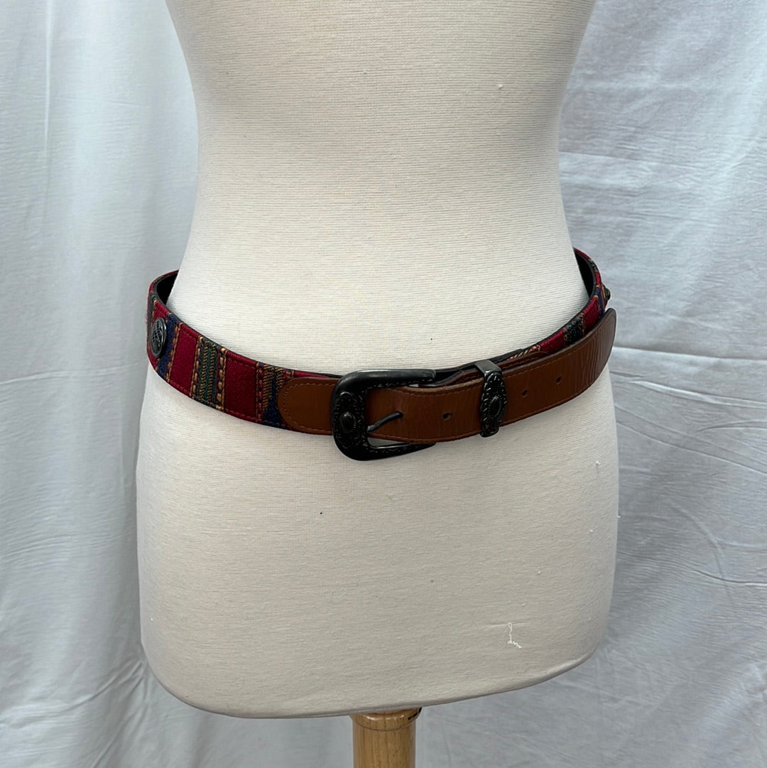 VTG -- Ginne Johanson Women's Leather Belt with Fabric Band Front, Mismatched Metal Studs and Engraved Buckle -- Size L
