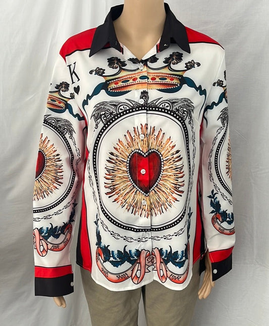 Diandian Didi "Love is King" Collage Print Button Up Shirt -- XL