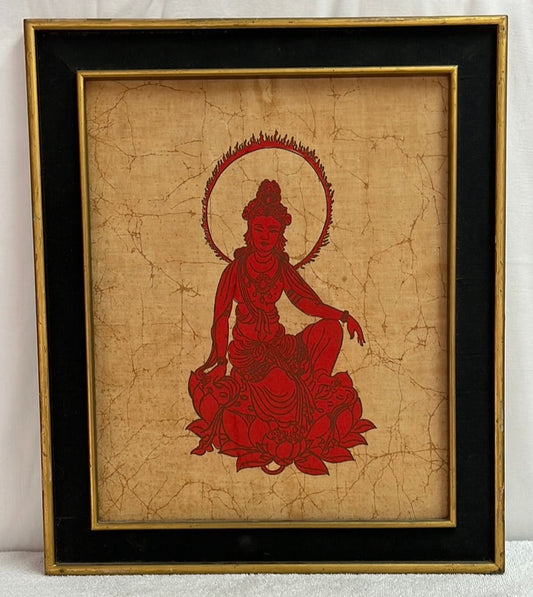 Batik Art -- Red Kwan Yin Seated Upon Lotus with Flame Halo