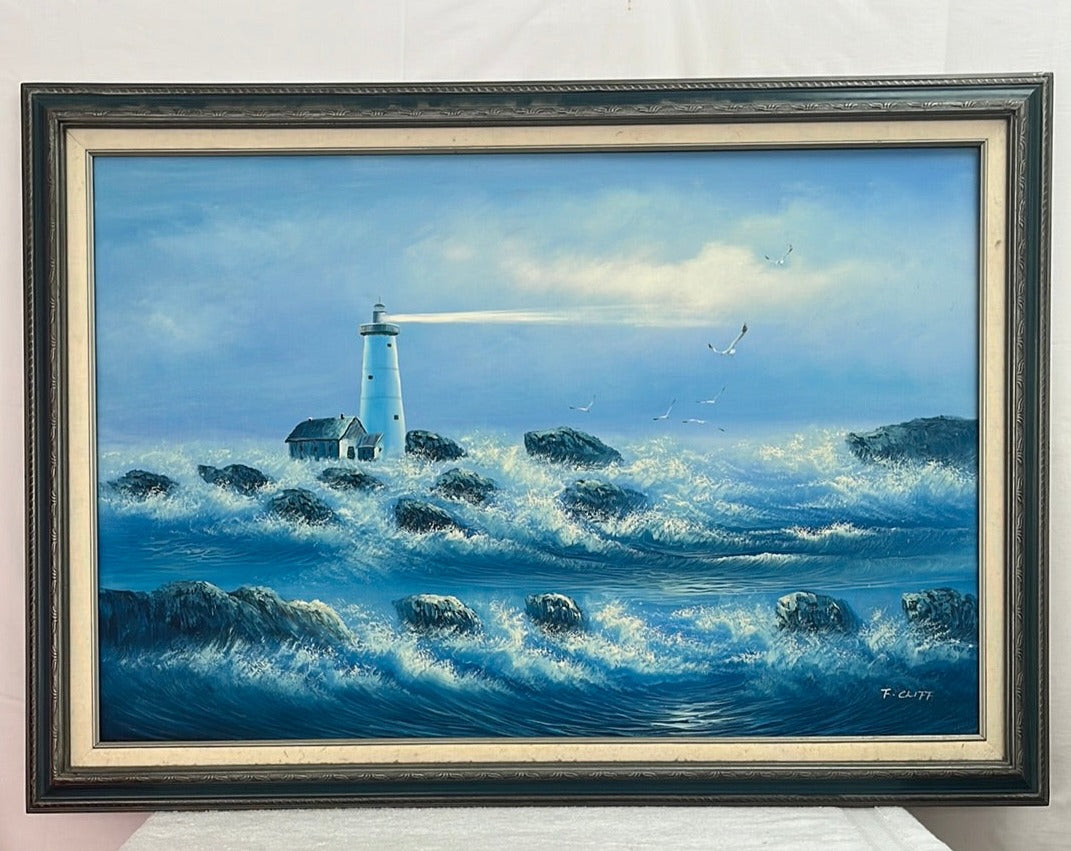 Framed and Signed -- Original Oil Painting, F. Cliff -- Lighthouse and Cabin Seen Over Rocks and Waves