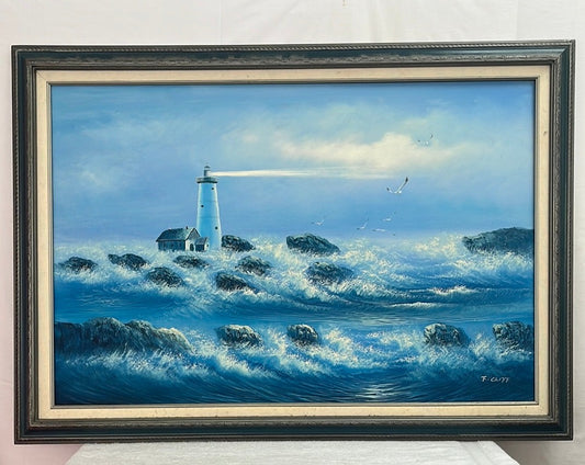 Framed and Signed -- Original Oil Painting, F. Cliff -- Lighthouse and Cabin Seen Over Rocks and Waves