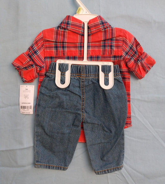 NWT -  CARTER'S red plaid/denim 2 Piece Shirt & Pants Set - 3m