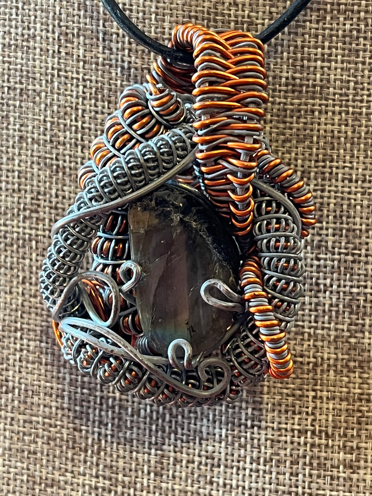 Handcrafted Labradorite, Copper, and Metal Pendant on Leather Cord