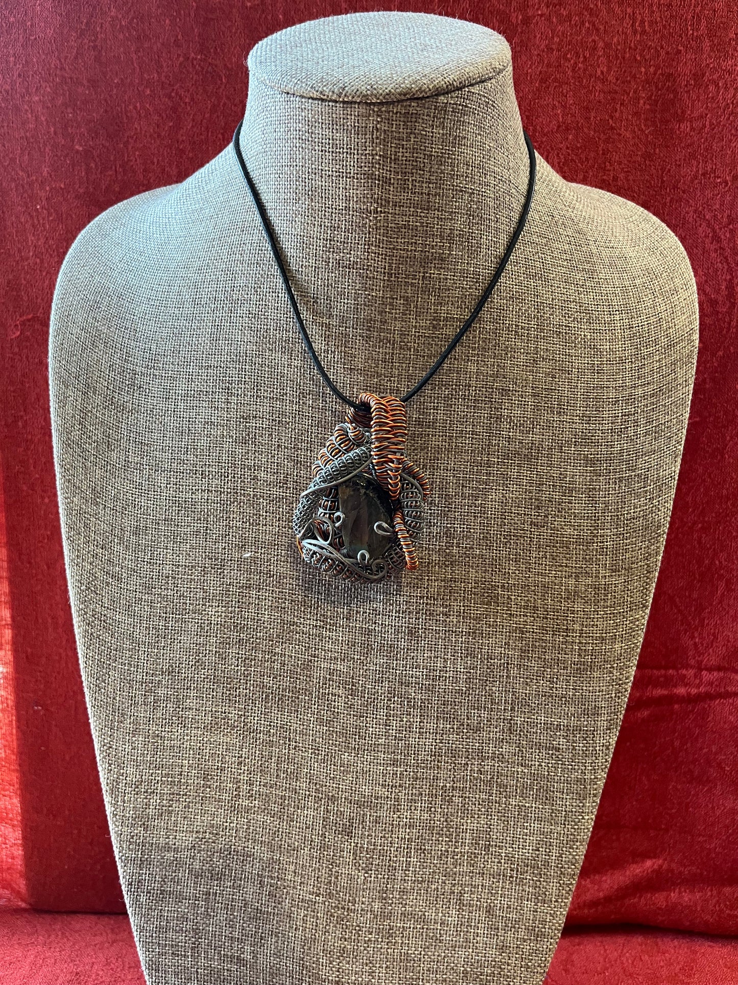 Handcrafted Labradorite, Copper, and Metal Pendant on Leather Cord