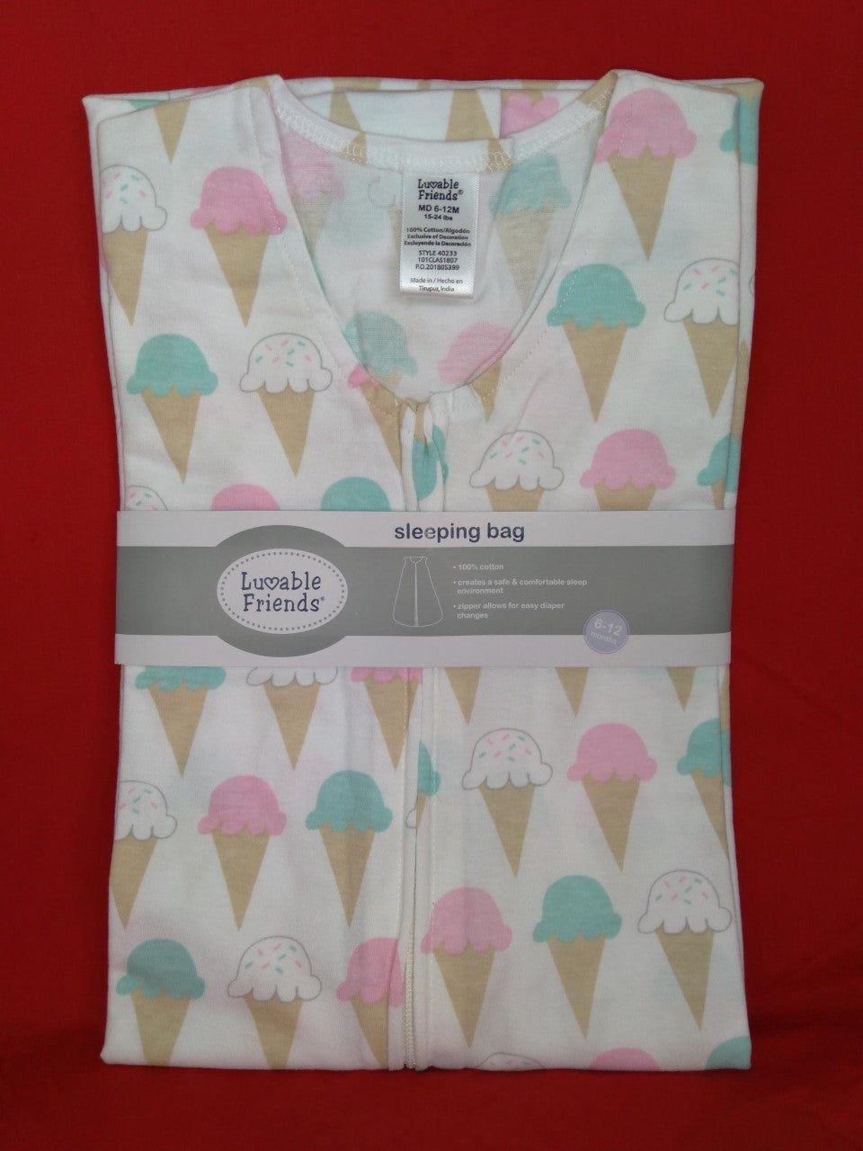 NWT - LUVABLE FRIENDS Ice Cream Cone Print Infant Sleeping Bag - 6-12M