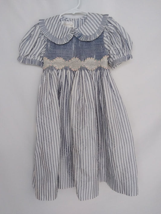 STRASBURG blue white 100% Silk Striped Smocked Short Sleeve Dress - 3