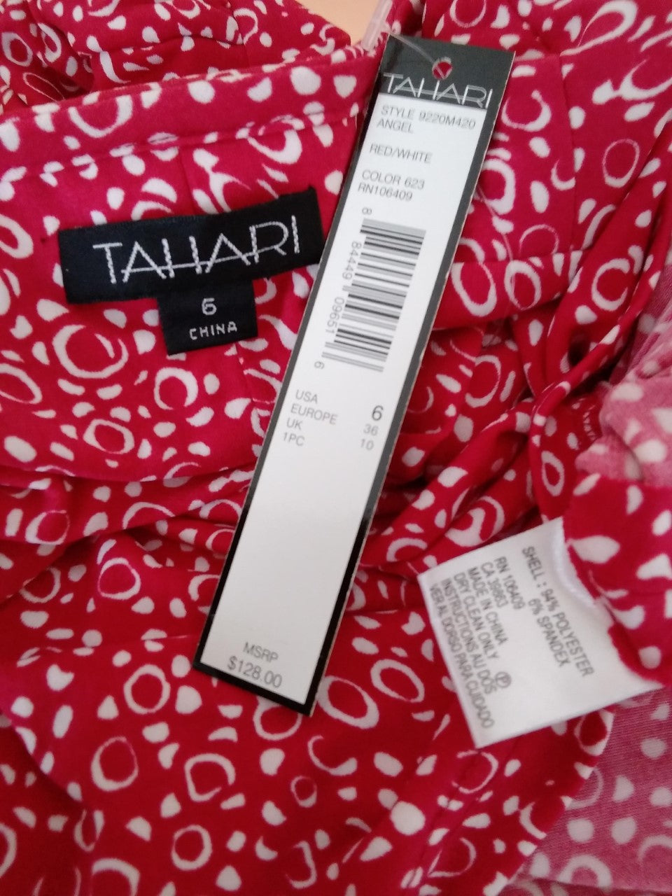 Tahari red white print Sleeveless V-Neck Ruched Dress - 6