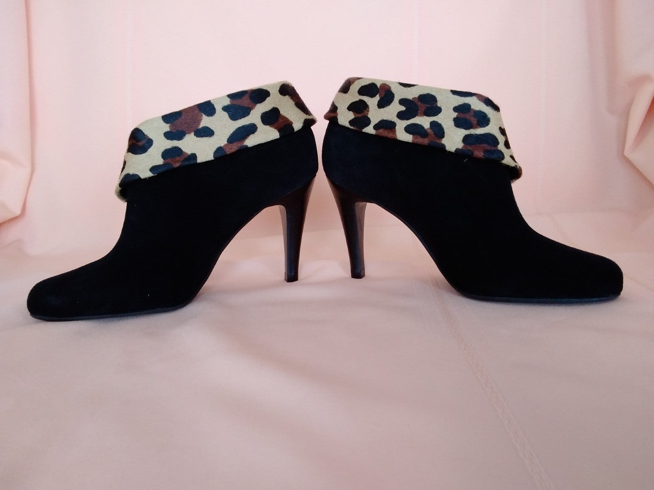 Talbots Black and Leopard Print High Hill Ankle Boot - Size 5B